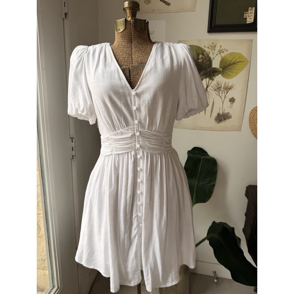 LOFT White Button Front Ruched Waist Puff Sleeve Short Dress 4P Petite